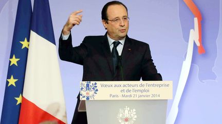 Fran&ccedil;ois Hollande &agrave; l'Elys&eacute;e, lors de ses v&oelig;ux au patronat et aux syndicats, le 21 janvier 2014. (PHILIPPE WOJAZER / POOL)