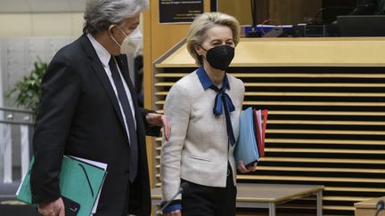 Le commissaire&nbsp;européen au&nbsp;Marché intérieur, Thierry Breton, et la présidente de la Commission européenne, Ursula van der Leyen, à Bruxelles (Belgique), le 26 janvier 2021.&nbsp; (ALEXANDROS MICHAILIDIS / AFP)