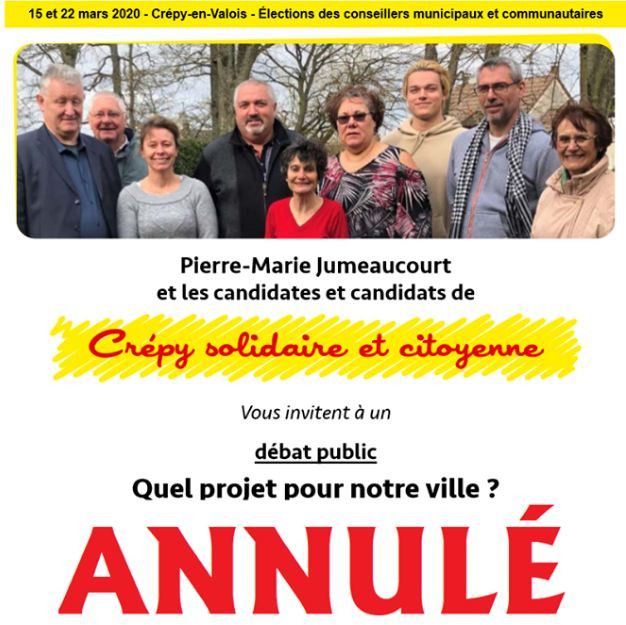 Capture d'écran d'une publication annonçant l'annulation d'un débat public dans le cadre des municipales à Crépy-en-Valois (Oise), le 28 février 2020. (FACEBOOK / CREPY SOLIDAIRE ET CITOYENNE)