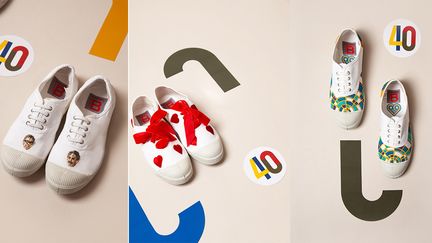 Tennis Bensimon customisées par Kumi Kosuge, Benoît Missolin, Poolstudio, Robin Inglese (de gauche à droite)&nbsp;pour les 40 ans de la tennis et&nbsp;exposées à la Galerie Joyce, le 18 avril 2019 (BENSIMON)