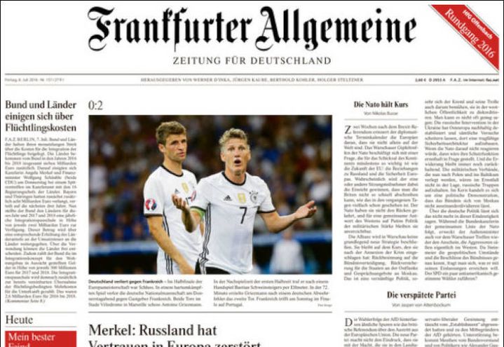 La une du "Frankfurter Allgemeine Zeitung", le 8 juillet 2016. (Frankfurter Allgemeine Zeitung)