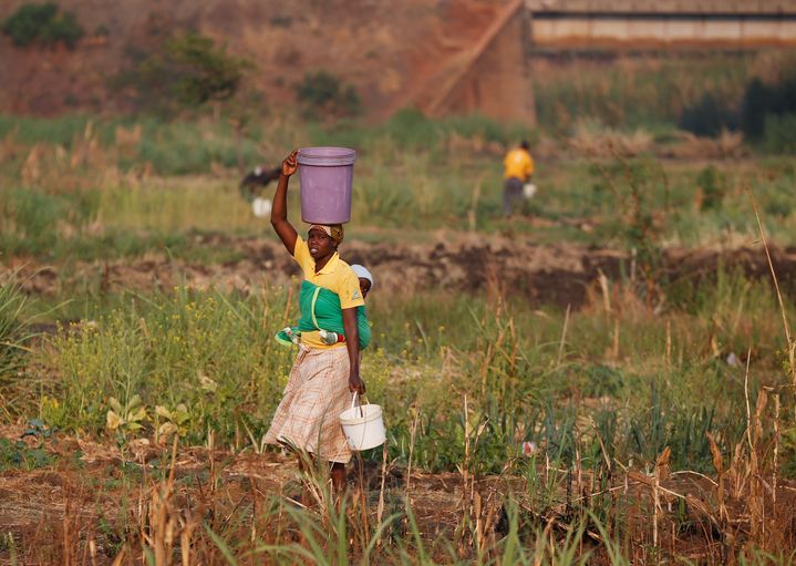 Une jeune femme porte un seau d'eau, son bébé dans le dos, à Warren Park, banlieue de Harare (Zimbabwe), le 24 septembre 2019. (PHILIMON BULAWAYO / X02381)