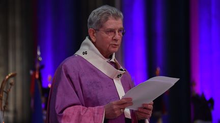 Laurent Ulrich, archevêque de Lille, lors des&nbsp;funérailles de l'adjoint à la mairie Pierre de Saintignon à la cathédrale Notre-Dame de la Treille de Lille, le 16 mars 2019. (MAXPPP)