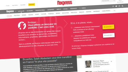 Une opération contre les bloqueurs de publicité sur la page d'accueil du site internet de "L'Express", le 24 mars 2016. (LEXPRESS.FR)