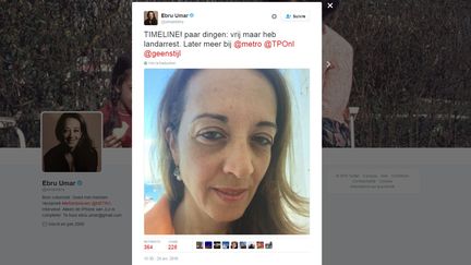 Capture d'écran d'un tweet posté le 24 avril 2016 par la journaliste&nbsp;néerlandaise d'origine turque, Ebru Umar. Elle a été arrêtée la nuit précédente par la police turque pour une "insulte" à l'encontre du président turc. (EBRU UMAR / TWITTER)