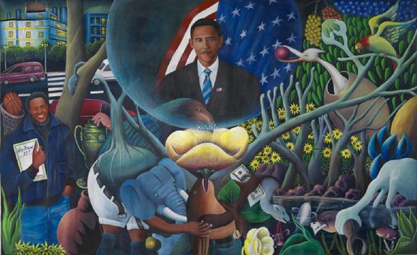 Obama, who knew it, Pierre Bodo, 2009 Acrylique et paillettes sur toile 193 x 304 cm
 (Kleinefenn Courtesy Galerie MAGNIN-A, Paris. MAGNIN-A, Paris.)