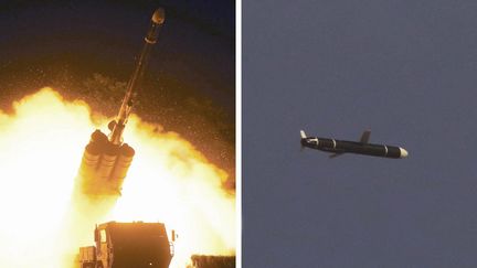 Des photos&nbsp;non datées communiquées par l'agence officielle nord-coréenne le 13 novembre 2021 et présentées comme celles du missile testé. (KCNA VIA KNS / AFP)