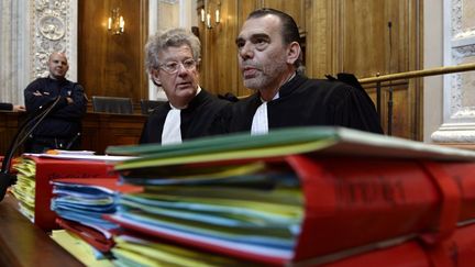 Les avocats de St&eacute;phane Moitoiret, Hubert Delarue et Frank Berton, au palais de justice de Lyon (Rh&ocirc;ne), le 12 novembre 2013. (PHILIPPE DESMAZES / AFP)