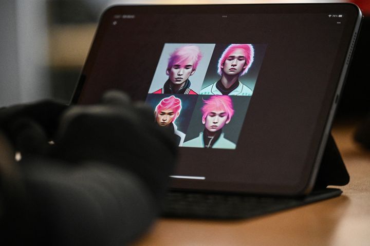 Le mangaka Rootport, fait une démonstration de création de manga grâce à l'intelligence artificielle, le 31 janvier 2023 à Tokyo (Japon) (RICHARD A. BROOKS / AFP)