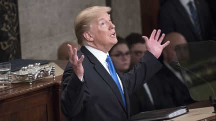 Donald Trump lors de son discours sur l'état de l'Union, à Washington, aux Etats-Unis, mardi 30 janvier 2018.&nbsp; (RON SACHS / CONSOLIDATED / AFP)