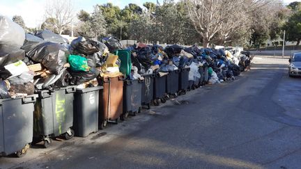 Au 13e jour de grève des éboueurs, les poubelles s'entassent dans les cités du 15e arrondissement de Marseille, mardi 29 décembre 2020. (Fred Chapuis / RADIO FRANCE)