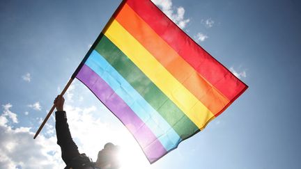 Un drapeau arc-en-ciel déployé à l'occasion d'une gay Pride en Pologne à Varsovie. (WOJTEK RADWANSKI / AFP)