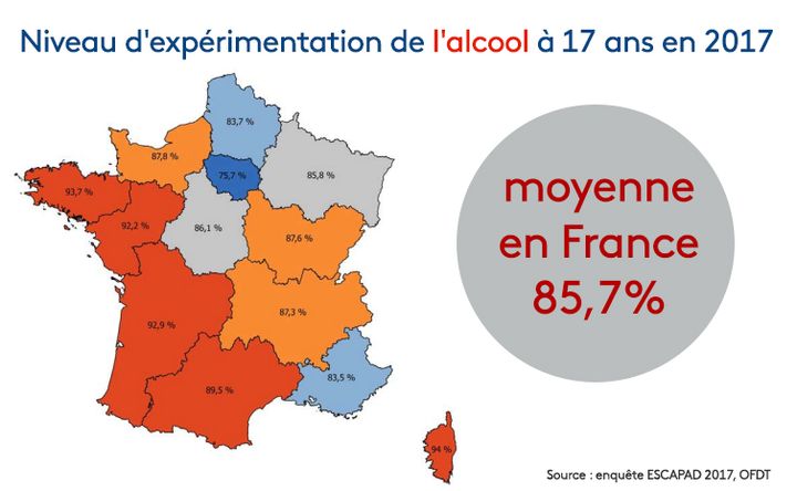 Niveau d’expérimentation du l'alcool à 17 ans en 2017 /&nbsp;Source : enquête ESCAPAD 2017, OFDT (RADIO FRANCE / FRANCEINFO / STEPHANIE BERLU)