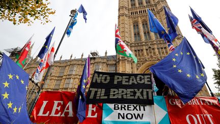 Des pancartes et des drapeaux européens devant la Parlement britanniques à Londres (Grande-Bretagne), le 23 octobre 2019. (TOLGA AKMEN / AFP)