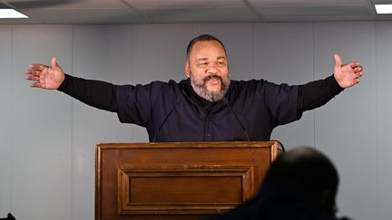 Dieudonné, during his show in Saint-Brevin-les-Pins (Loire-Atlantique), March 29, 2024. (FRANCK DUBRAY / MAXPPP)