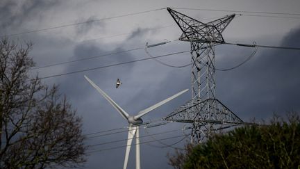 Une éolienne et une ligne haute tension à Campbon (Loire-Atlantique), le 17 janvier 2023. (LOIC VENANCE / AFP)