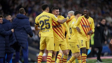 La joie des Barcelonais face au Real Madrid, dimanche 20 mars 2022. (JOSE BRETON / NURPHOTO / AFP)