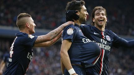 La joie du joueur du PSG&nbsp;Javier Pastore apr&egrave;s son but face Evian Thonon Gaillard, le 18 janvier 2015. (THOMAS SAMSON / AFP)