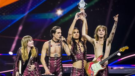 Le groupe italien Maneskin remporte l'Eurovision 2021 à Rotterdam, aux Pays-Bas, le 23 mai 2021. (SANDER KONING / ANP MAG / AFP)