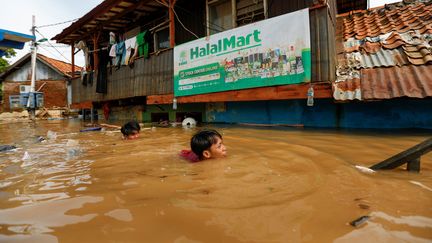 Des Indonésiens nagent pour atteindre leurs logements inondés, le 2 janvier 2020, à Jakarta.&nbsp; &nbsp; (WILLY KURNIAWAN / REUTERS)