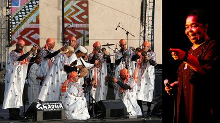 Maalem Hamid El Kasri (centre) entouré de son groupe. A droite, Cesaria Evora. (YOUSSEF BOUDLAL/REUTERS -  MACON VALERIE/SIPA)