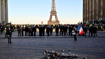 Des "gilets jaunes", le 23 février 2019, sur la place du Trocadéro, à Paris. (MUSTAFA YALCIN / ANADOLU AGENCY)