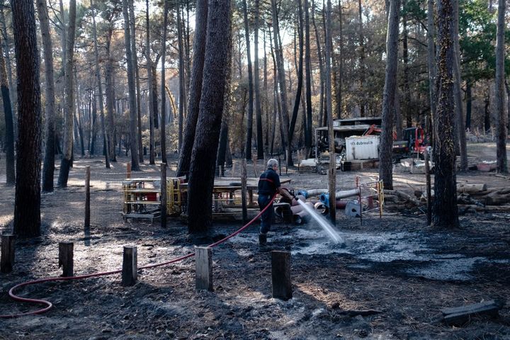 Un pompier asperge d'eau les sols calcinés, une fois le feu fixé à Cazaux (Gironde), le 24 juillet 2022.&nbsp; (VALENTINO BELLONI / HANS LUCAS / AFP)