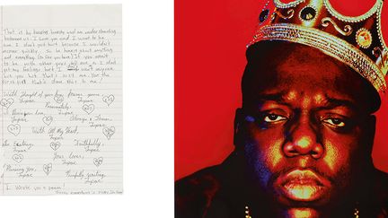 A gauche, les lettres écrites par le rappeur Tupac. A droite, le célèbre portrait de Notorious B.I.G, pris en 1997. (SOTHEBY'S / AFP)