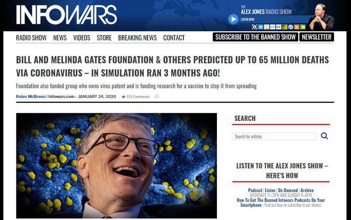 Capture d'écran d'un article du site internet américain conspirationniste Infowars propageant une rumeur à propos de Bill Gates et du Covid-19 en janvier 2020. (INFOWARS)