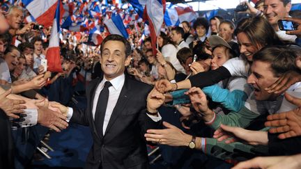 L'ex-pr&eacute;sident Nicolas Sarkozy le 11 mars 2012 lors du meeting de Villepinte (Seine-Saint-Denis), l'un des rassemblements les plus importants de sa campagne pr&eacute;sidentielle. (PHILIPPE WOJAZER / POOL)