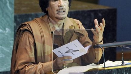 Le dirigeant libyen Mouammar Kadhafi pour la première fois à la tribune de ll'Onu le 23 septembre 2009 (© AFP/EMMANUEL DUNAND)