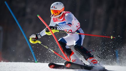 Arthur Bauchet&nbsp;au cours de l'épreuve de slalom (catégorie debout), lors des Jeux paralympiques de Pyeongchang (Corée du Sud), le 17 mars 2018.&nbsp; (SIMON BRUTY / AFP)