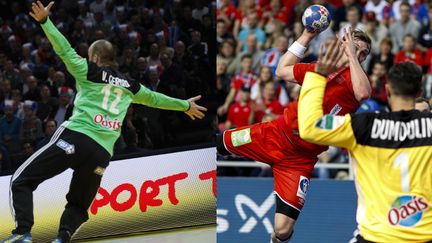 Les gardiens de l'équipe de France de handball, Vincent Gérard, à gauche, et Cyril Dumoulin, à droite. (montage THOMAS SAMSON / AFP - MAXPPP)