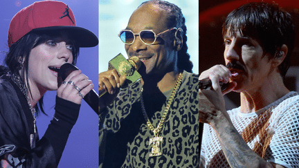 La chanteuse Billie Eilish, le rappeur Snoop Dogg et le chanteur principal du groupe Red Hot Chili Peppers pressentis pour performer lors de la cérémonie de clôture des JO de Paris. (JUAN PABLO PINO / ANGELA WEISS / AFP / AMY SUSSMAN / GETTY IMAGES)