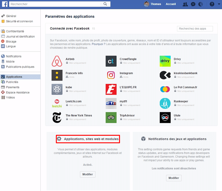 Cliquer sur "Applications, sites web et modules" pour couper le lien entre votre compte Facebook et d'autres sites ou applications web. (FACEBOOK.COM)