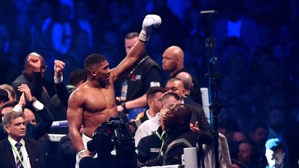 Anthony Joshua célèbre sa victoire sur Vladimir Klitschko, samedi 29 avril 2017, à Wembley. (BEN STANSALL / AFP)