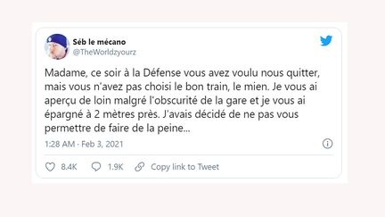 Capture d'écran du premier message du thread émouvant posté sur Twitter par&nbsp;le&nbsp;conducteur d'un Transilien confronté pour la première fois à une tentative de suicide sur sa ligne. (CAPTURE D'ECRAN TWITTER)