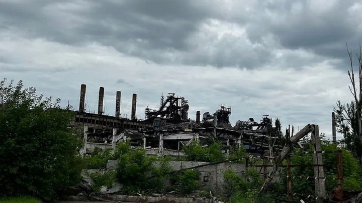 La silhouette de l'ancienne usine Azovstal, à Marioupol, totalement détruite par les combats qui s'y sont déroulés. La Russie affirme vouloir transformer le site en "techno-parc". (RADIO FRANCE / SYLVAIN TRONCHET)