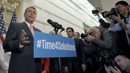 Le porte-parole des s&eacute;nateurs r&eacute;publicains, John Boehner, s'est exprim&eacute; &agrave; l'issue d'une r&eacute;union consacr&eacute;e &agrave; la crise budg&eacute;taire, devant le Congr&egrave;s am&eacute;ricain, le 10 octobre 2013 &agrave; Washington (Etats-Unis). (SUSAN WALSH / AP / SIPA)