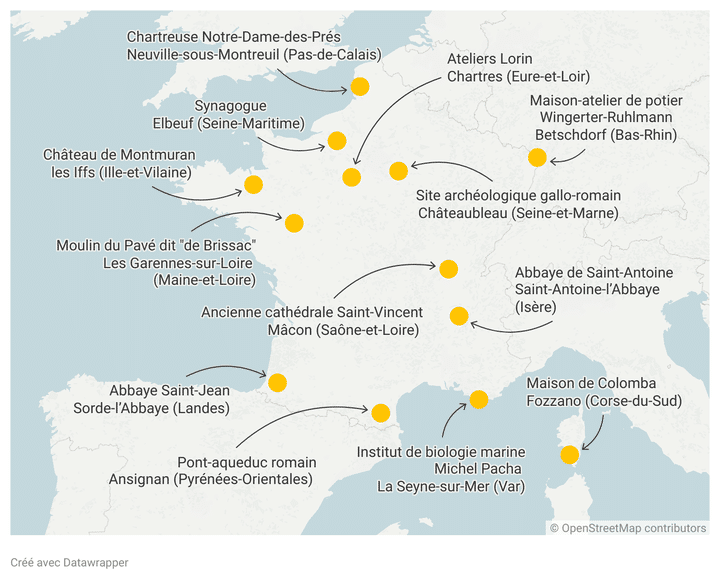 Les sites retenus pour le Loto du patrimoine 2023. (FRANCEINFO / RADIO FRANCE)