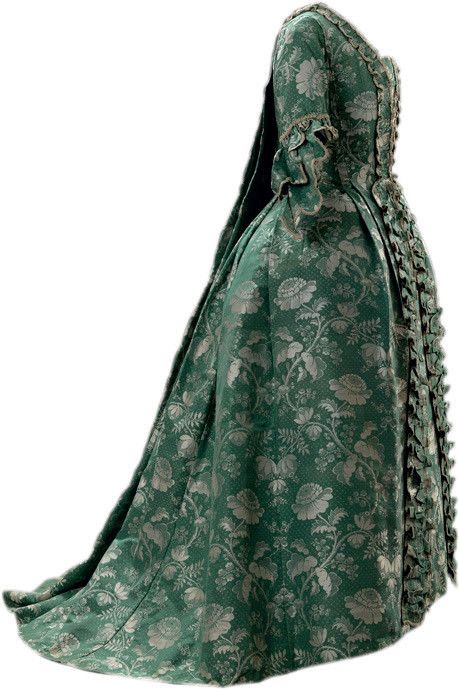 Robe à la française. 1755-1760. Ici, l’emploi d’un blanc s’approchant de l’argent renforce la brillance du lampas. Le jupon est fait de la même étoffe alors que souvent seuls les panneaux visibles le sont, le reste étant en toile de lin. 
 (Musée du Costume et de la Dentelle de Bruxelles)