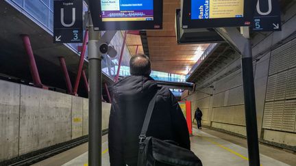 Un voyageur consulte un panneau d'information à la gare de Valence TGV (Drôme), le 12 janvier 2023. (NICOLAS GUYONNET / HANS LUCAS / AFP)