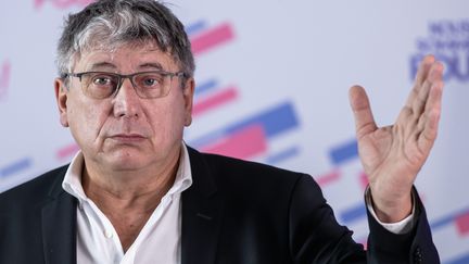 Eric Coquerel, le 17 février 2021 lors d'une conférence de presse de La France insoumise. (AURELIEN MORISSARD / MAXPPP)