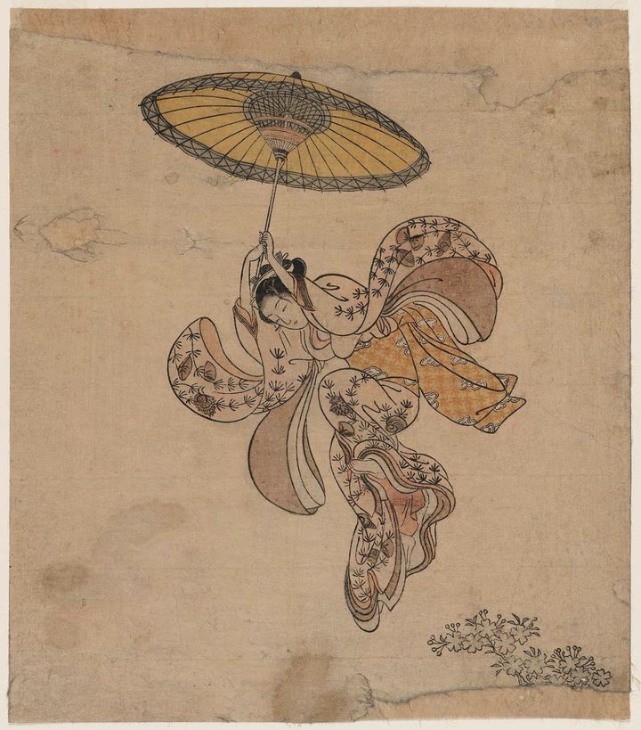 "Beauté sautant dans le vide depuis le balcon du temple Kiyomizu" (1765), par Harunobu. (CR)