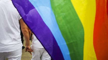 Un couple homosexuel lors d'une manifestation en Pologne le 13  mai 2017. (Beata Zawrzel / NurPhoto)