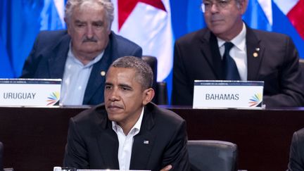 Barack Obama, pr&eacute;sident des Etats-Unis, le 14 avril 2012 lors du Sommet des Am&eacute;riques &agrave; Carthag&egrave;ne (Colombie). (SAUL LOEB / AFP)