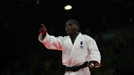 Joan-Benjamin Gaba réagit après sa victoire en demi-finale des Jeux olympiques de Paris face à Adil Osmanov, le 29 juillet 2024 (LUIS ROBAYO / AFP)