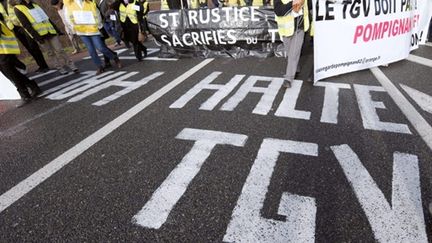 manifestants à Pompignan, contre la LGV Bordeaux-Toulouse,le 30/01/2010 (AFP/Rémy Gabalda)