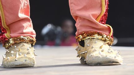 Entre la jupe à moustache de la chanteuse, la cape de super héros et les gilets à franges des musiciens, les Aixois de Deluxe font preuve d'une créativité sans complexes pour leurs tenues. En détail, leurs chaussures brillantes à piquets argentés.
 (Gilles Scarella / Studio FTV)