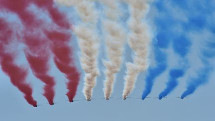 La Patrouille de France survole les Champs-Elysées à Paris, le 14 juillet 2017. (CHRISTOPHE ARCHAMBAULT / AFP)